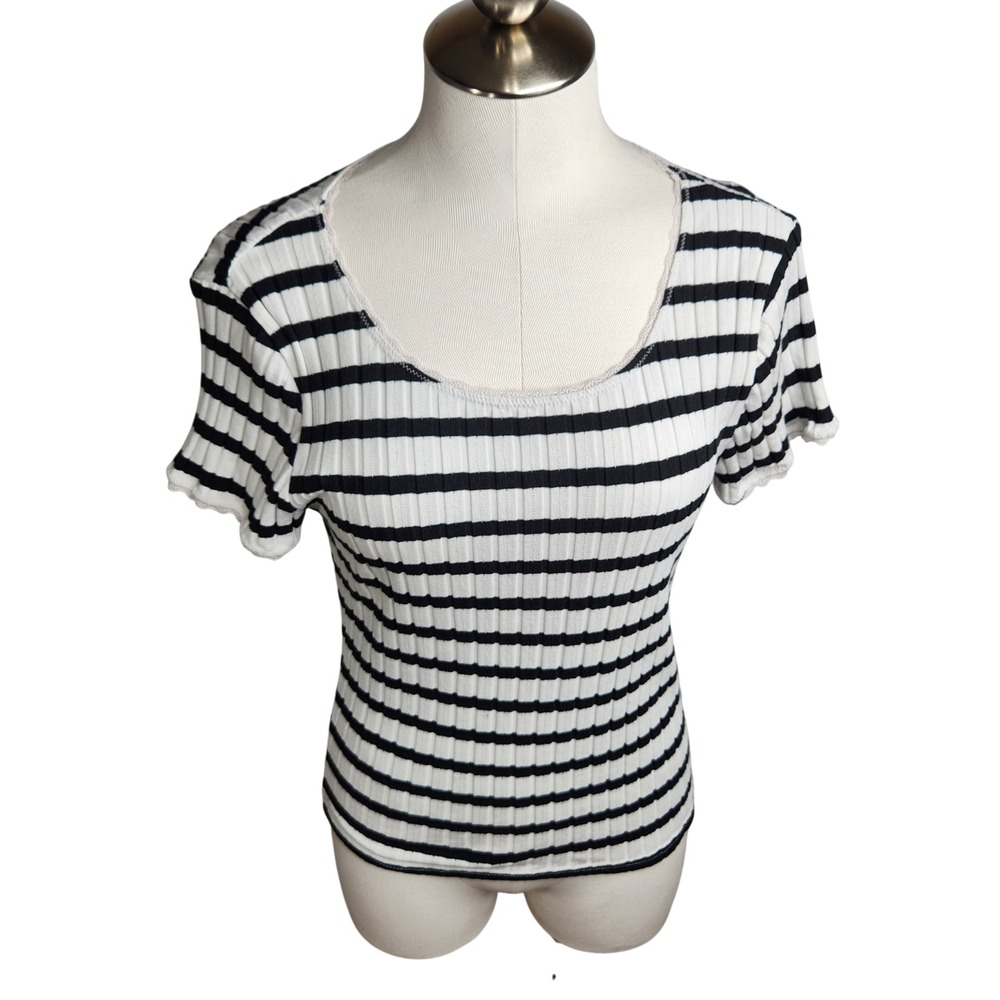 J. Crew Pointelle Short Sleeve T-Shirt Carter Stripe Ivory Black Medium